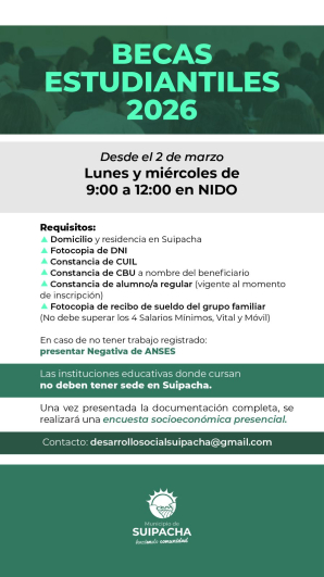 Suipacha: El municipio abre la inscripción a las Becas Estudiantiles para el 2026