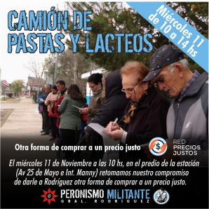Camión de pastas y lácteos a precios populares en Rodríguez